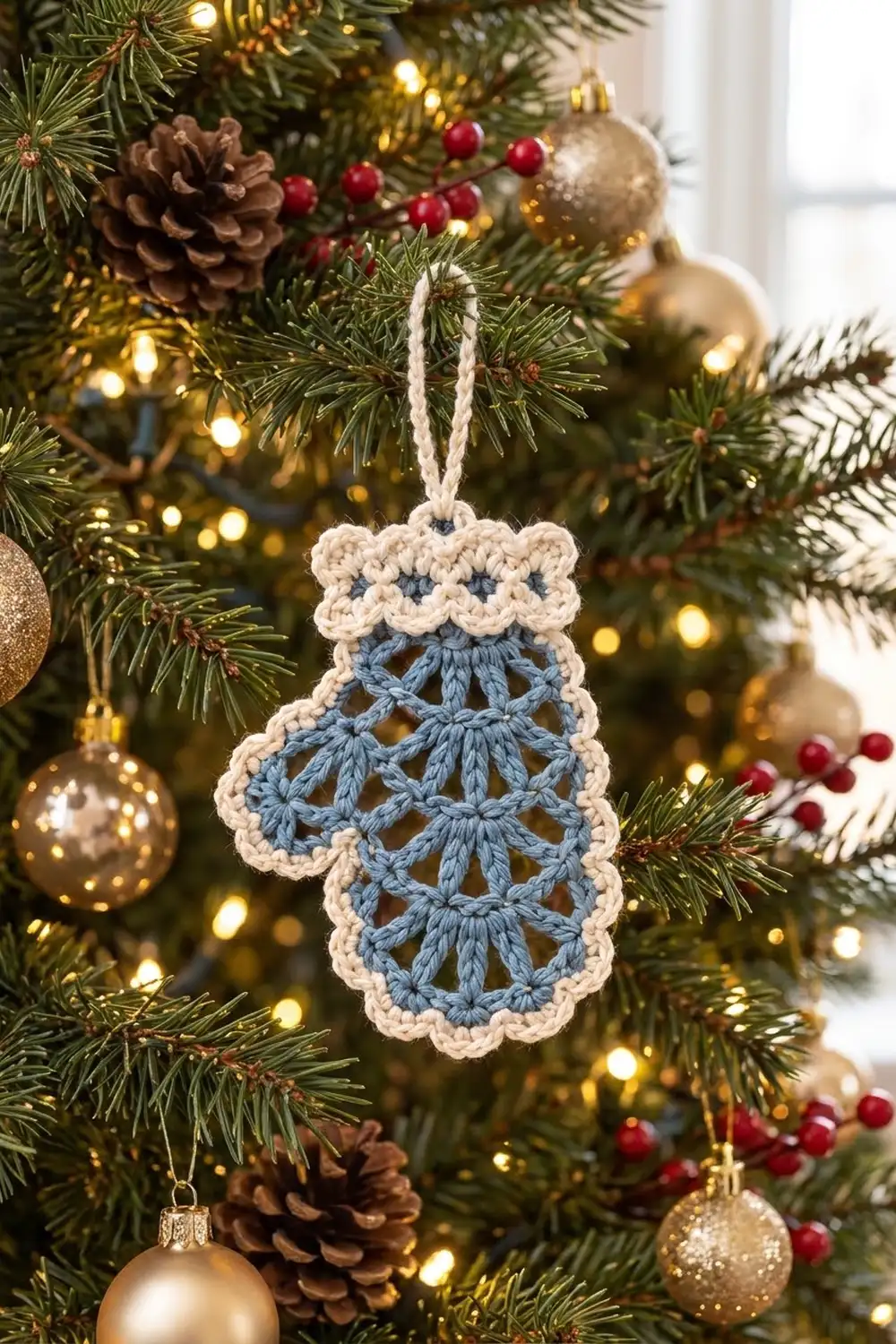 Blue and cream crocheted snowflake ornament displayed on a glowing Christmas tree with gold ornaments and greenery.