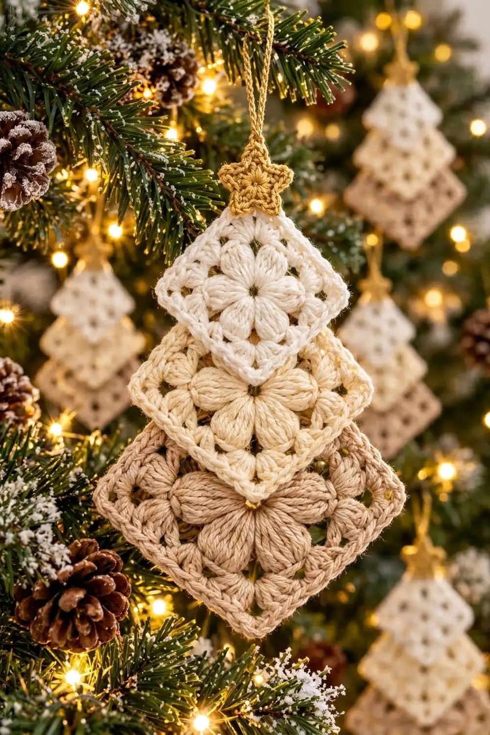 Cream and tan crocheted Christmas tree ornament with gold star hanging from snowy evergreen bough amid twinkling lights and pinecones.