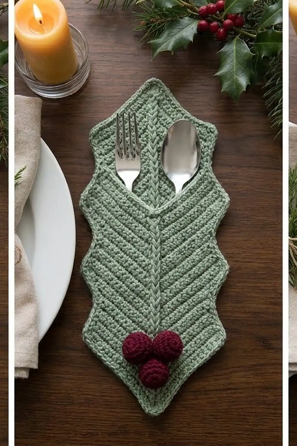 Sage green crocheted placemat with diamond cable pattern and utensil cutouts styled with holiday candles and berries.