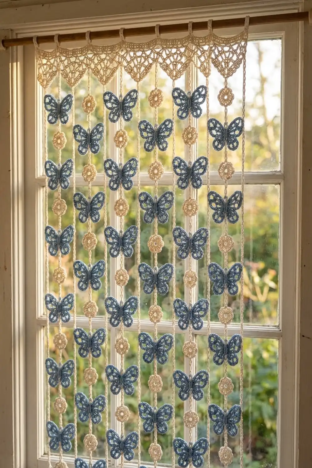 A beaded curtain with navy butterflies and tan medallions hangs in a sunlit window overlooking a garden.