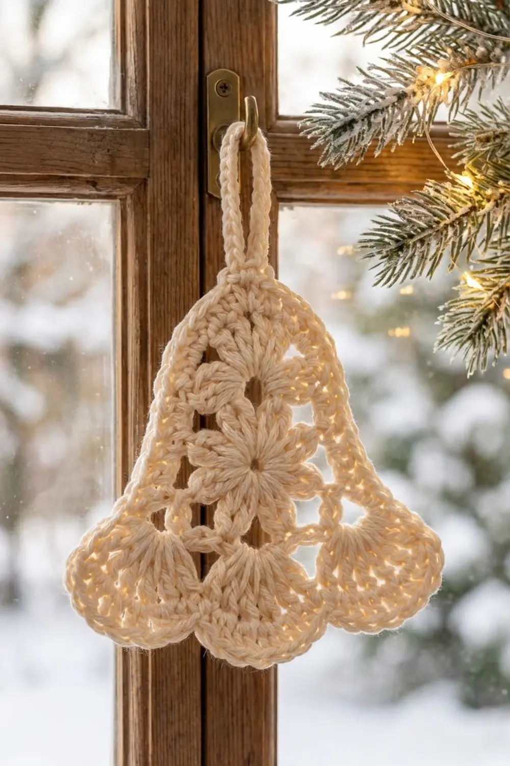 Cream crocheted bell ornament hanging from wooden door handle with evergreen garland and snowy window backdrop.