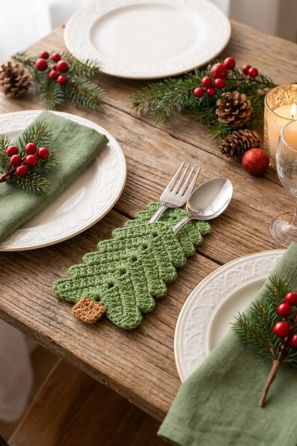Green crocheted leaf placemat holding silverware on a festive wooden table surrounded by holiday greenery and red berries.
