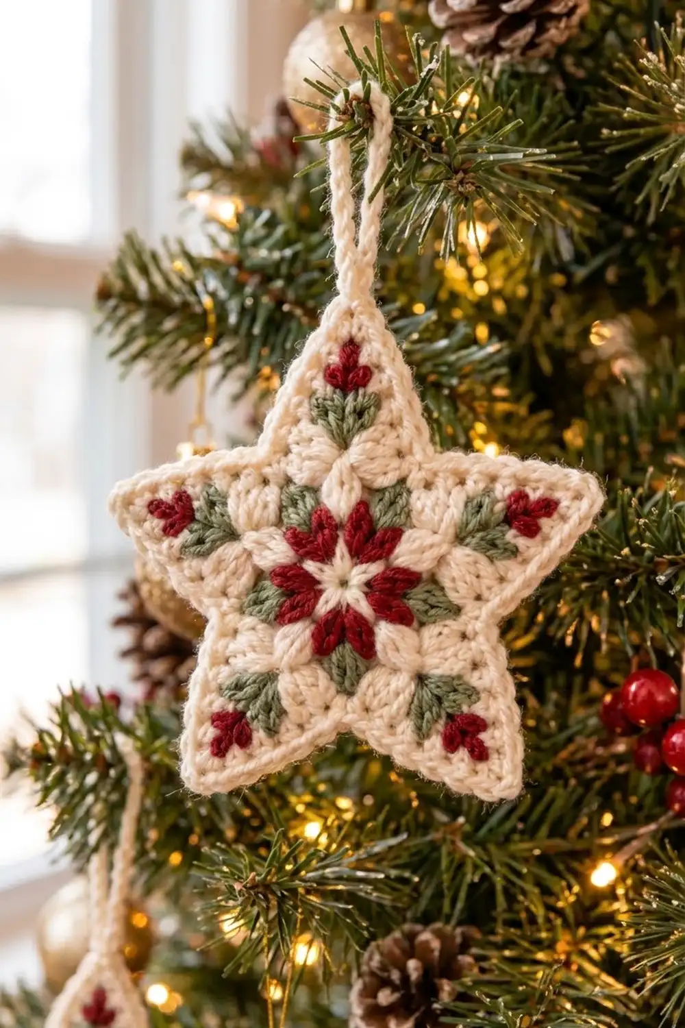 Crocheted cream star ornament with red and green floral details hanging on an evergreen Christmas tree with warm lights.
