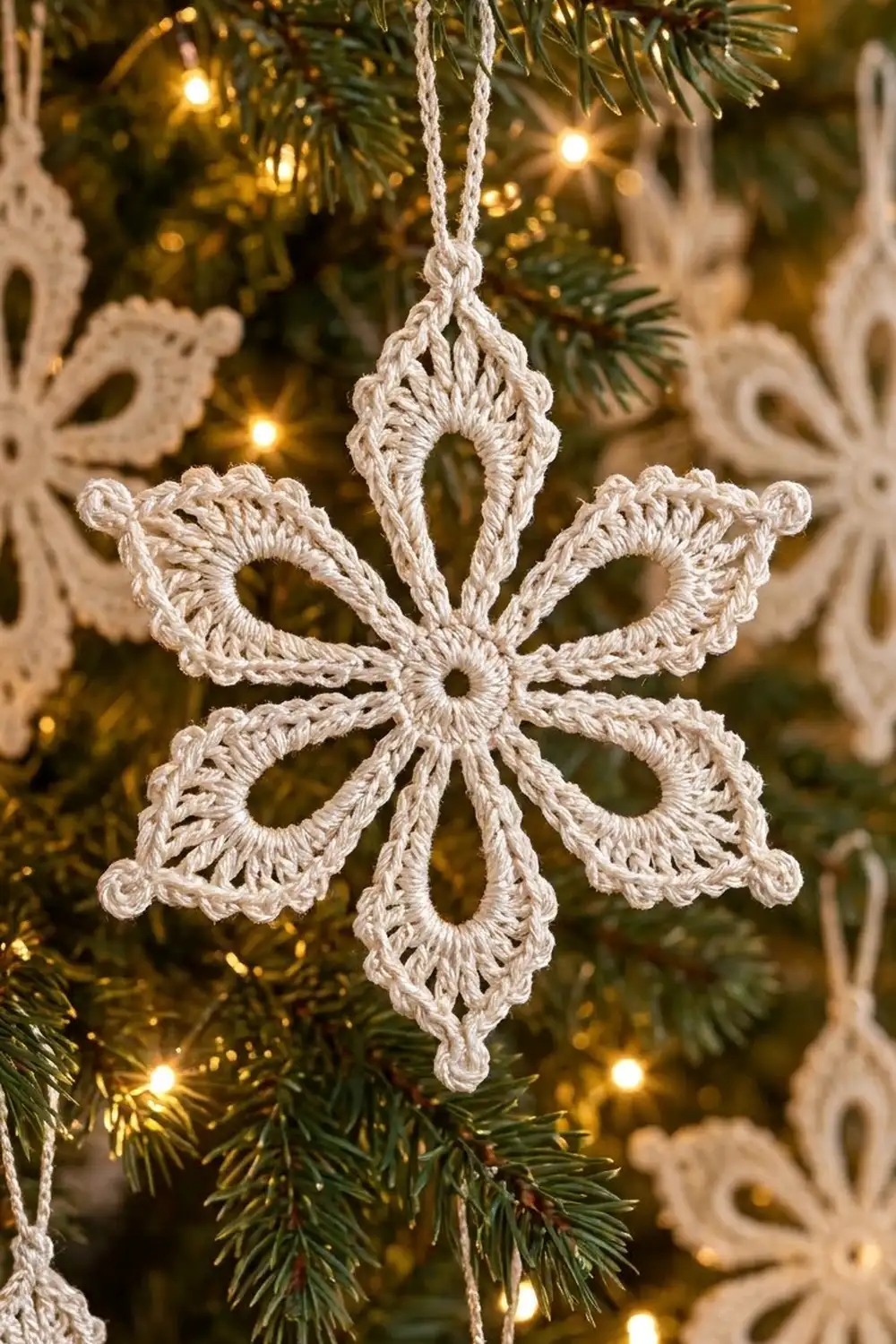 Cream crocheted snowflake ornament with intricate lacework hangs on an evergreen tree amid twinkling warm lights.