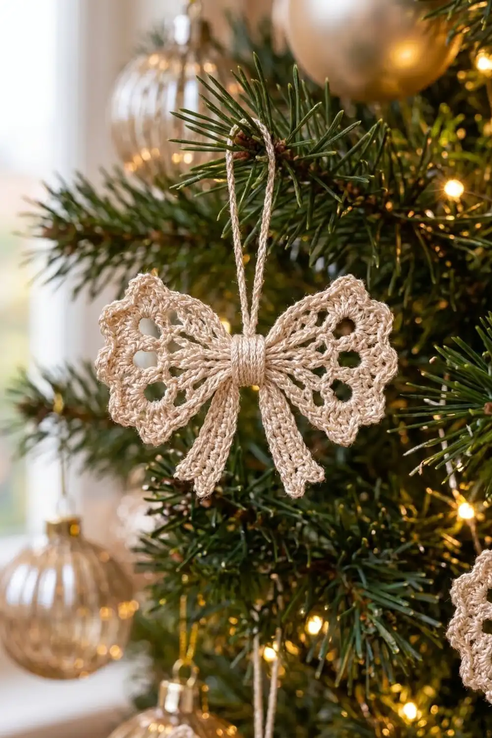 Cream crocheted bow ornament hanging on an evergreen branch with warm white lights and gold baubles.