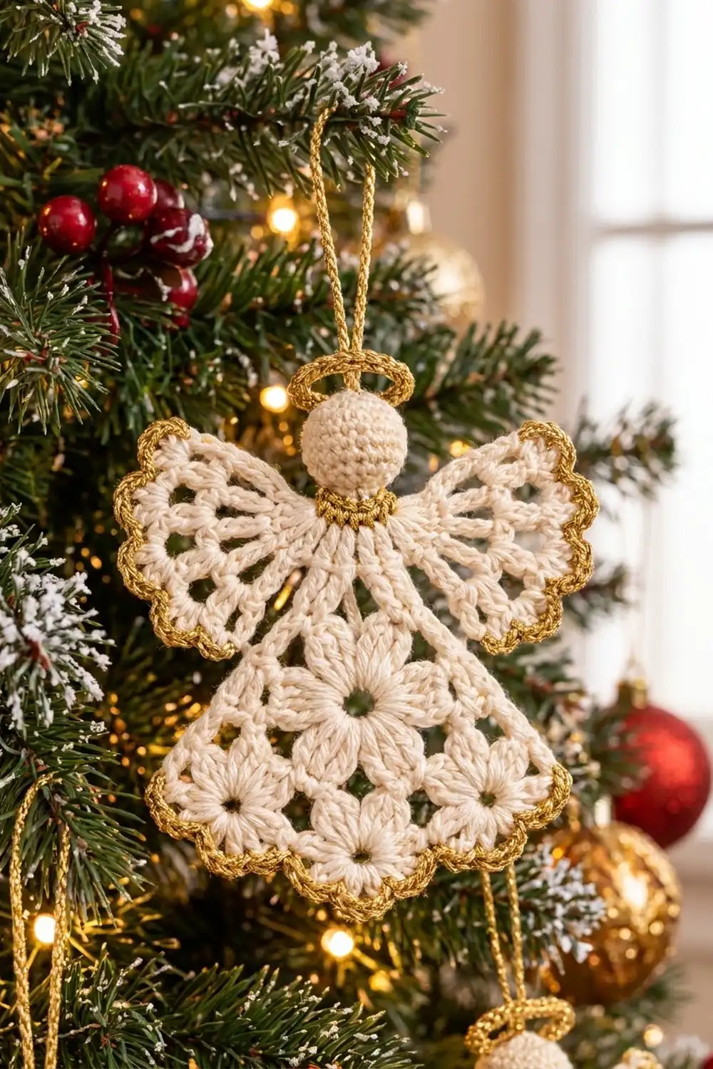 A cream crocheted angel ornament with gold trim hangs on an evergreen Christmas tree among lights, berries, and ornaments.