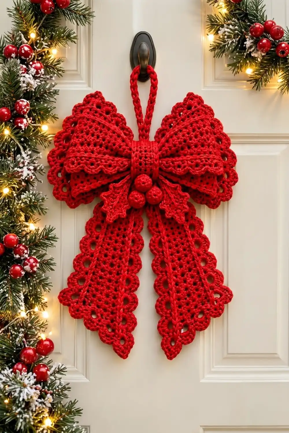 Red crocheted angel with scalloped wings hanging on white door surrounded by evergreen garland, red ornaments, and warm white lights.