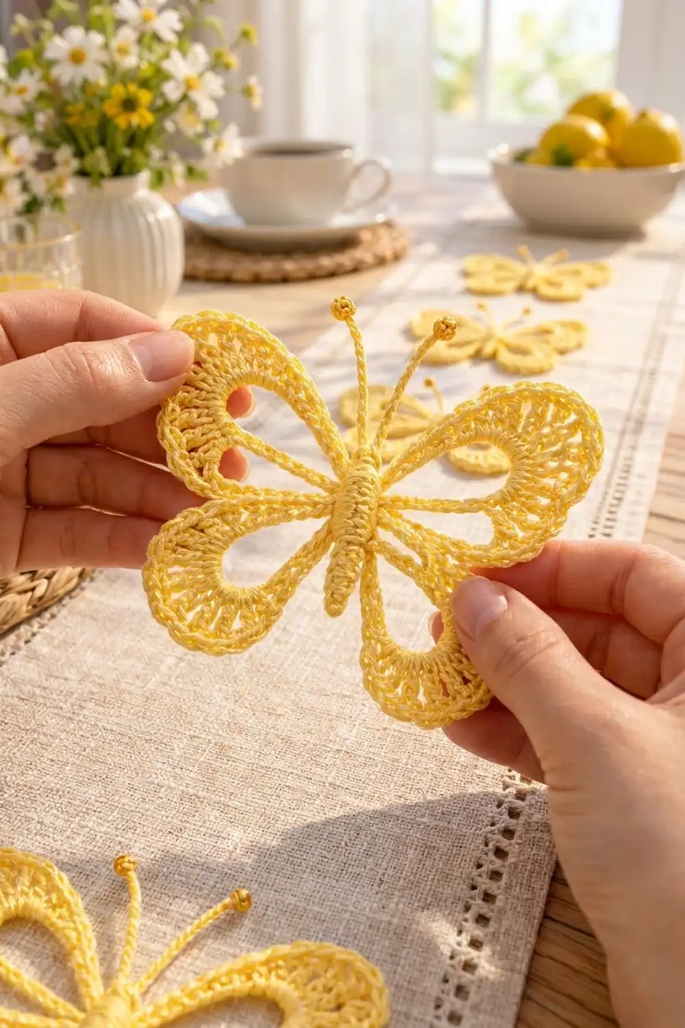 Hands hold a yellow crocheted butterfly above a linen tablecloth in a bright kitchen with fresh flowers and lemons.