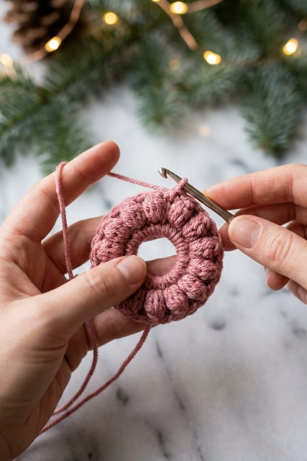 Hands holding a pink crocheted wreath ornament with a crochet hook against a festive snowy background with evergreen branches and lights.