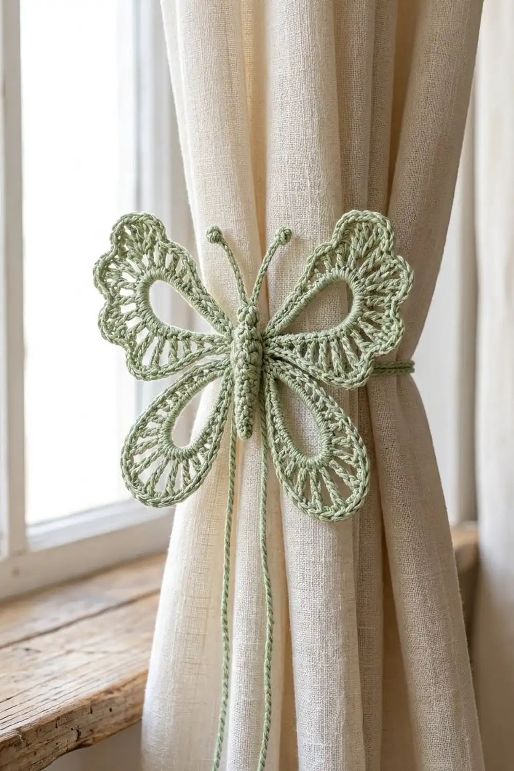 Crocheted sage green butterfly curtain tie holding back cream linen drapes against a bright window.