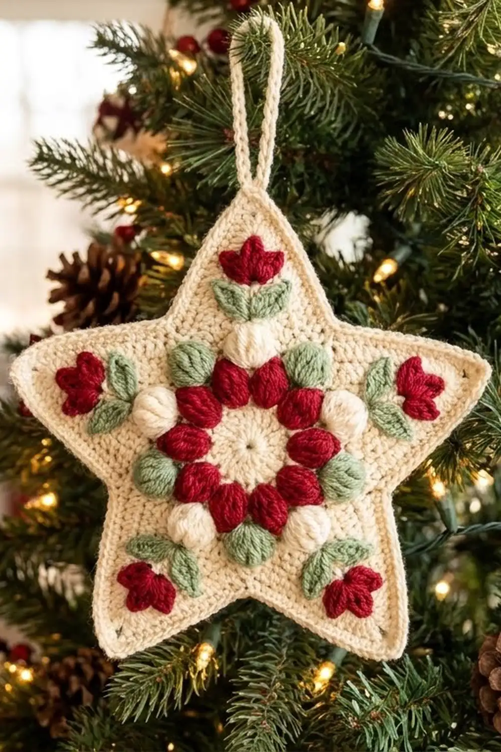 Cream-colored crochet star with red and green flowers hanging on an evergreen Christmas tree surrounded by golden lights.