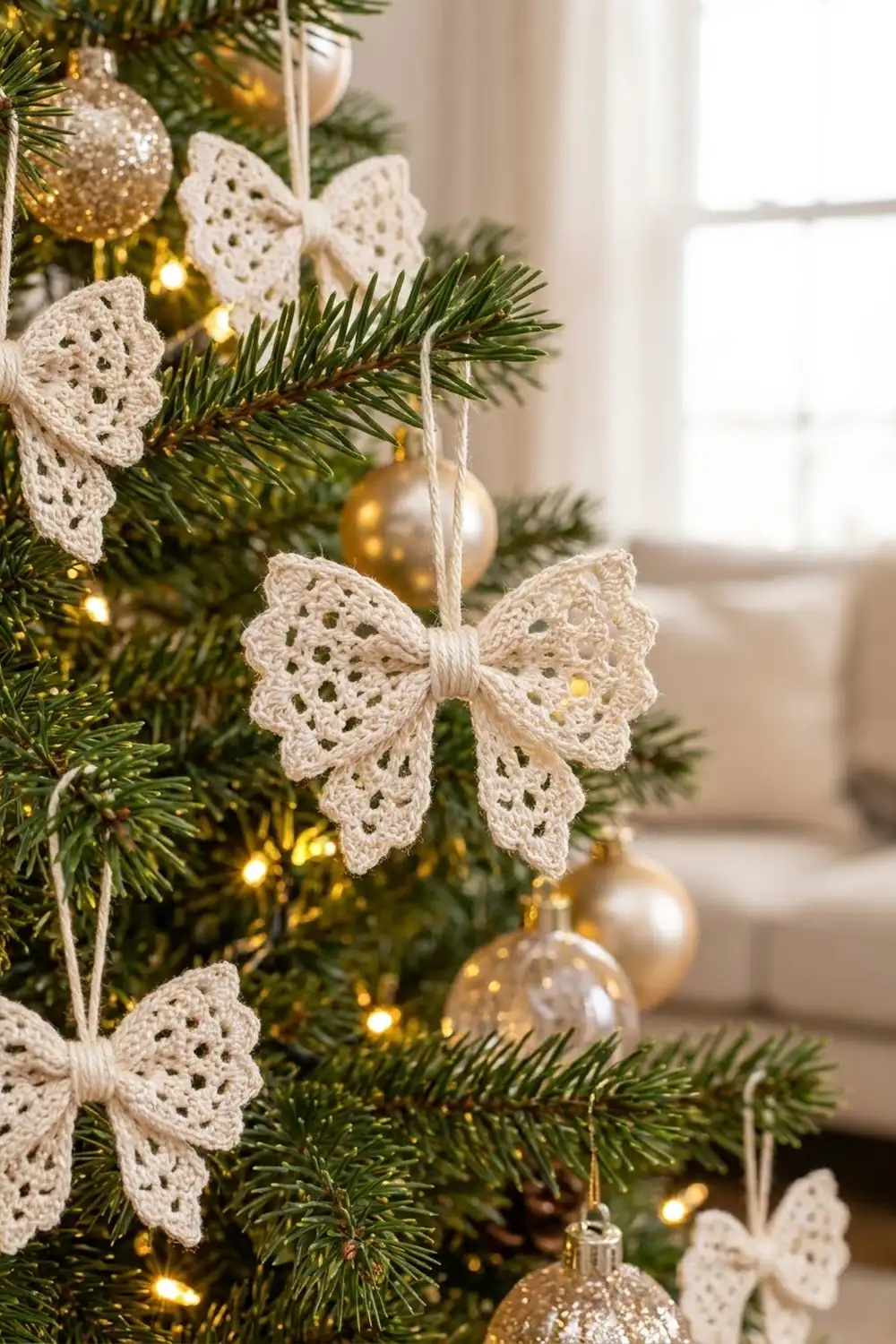 Cream crochet bow ornaments decorate a Christmas tree with gold balls and warm white twinkling lights.