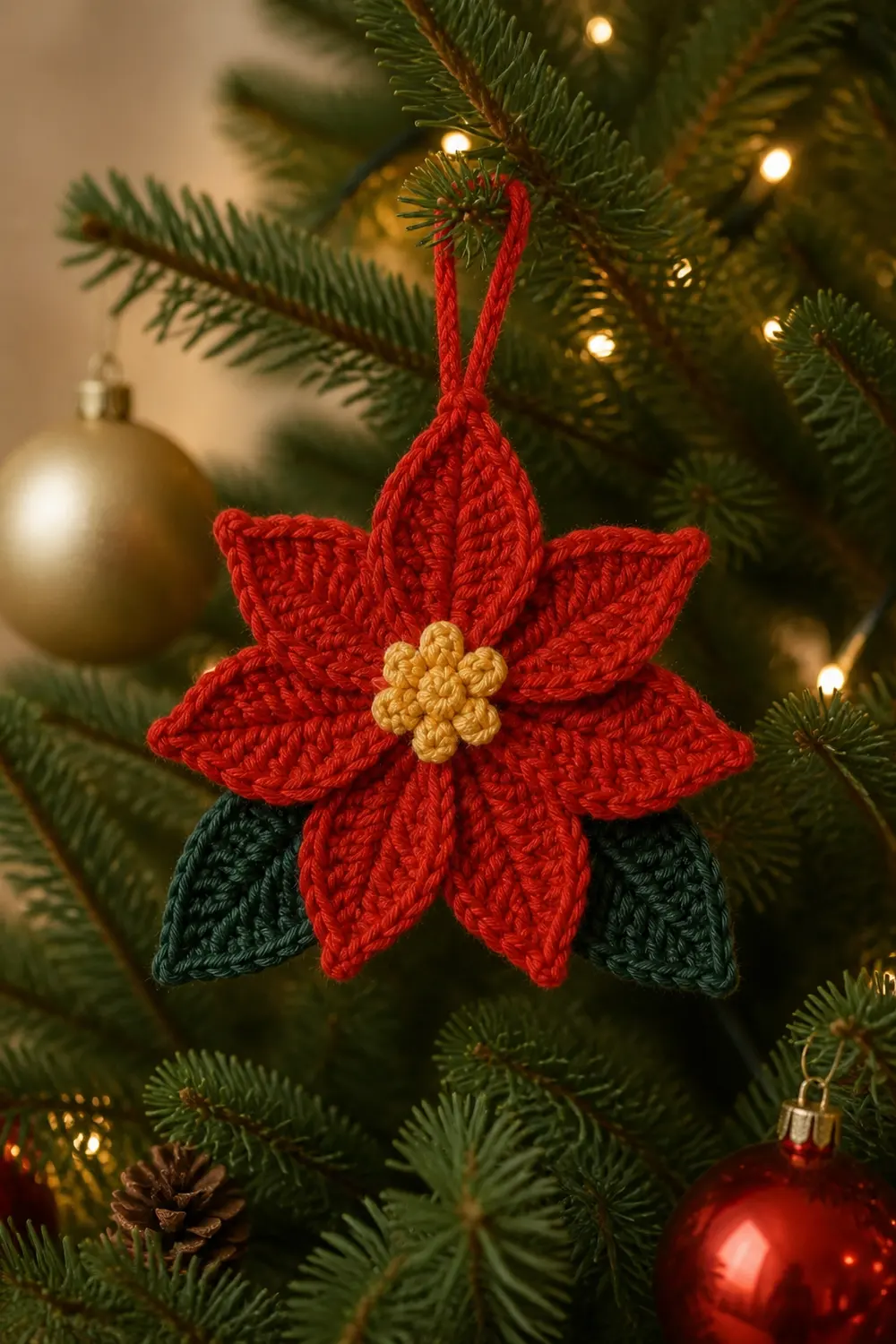 A crocheted red poinsettia ornament with gold center and green leaves hangs on an evergreen tree surrounded by lights and baubles.