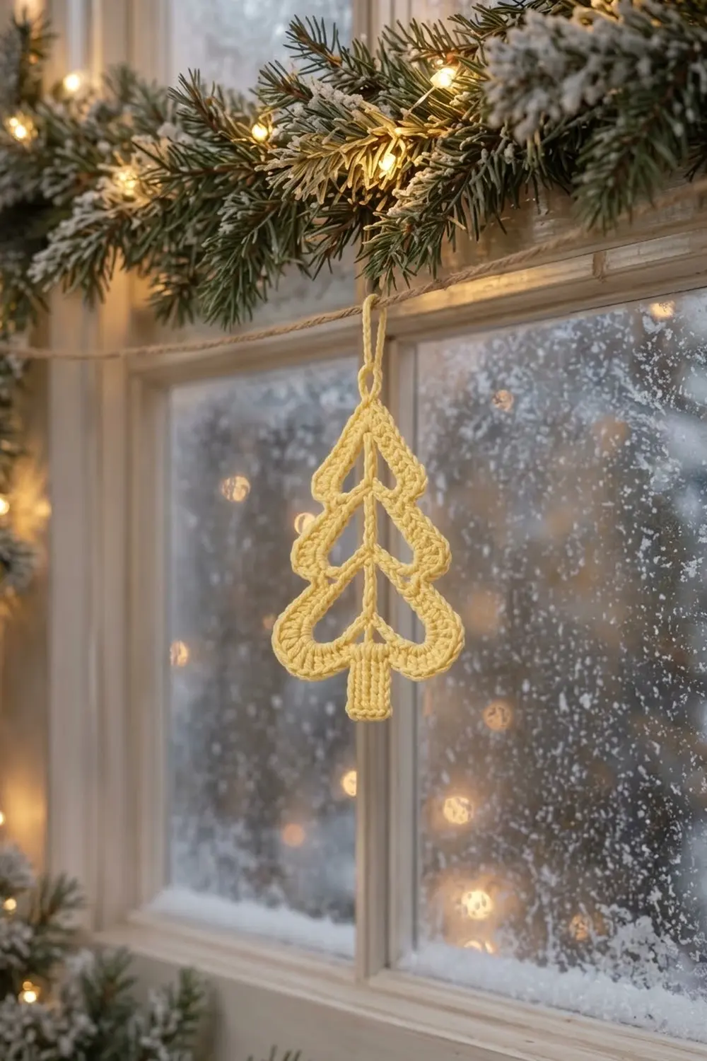 A yellow crocheted tree ornament hangs from evergreen garland with warm lights beside a snowy window.