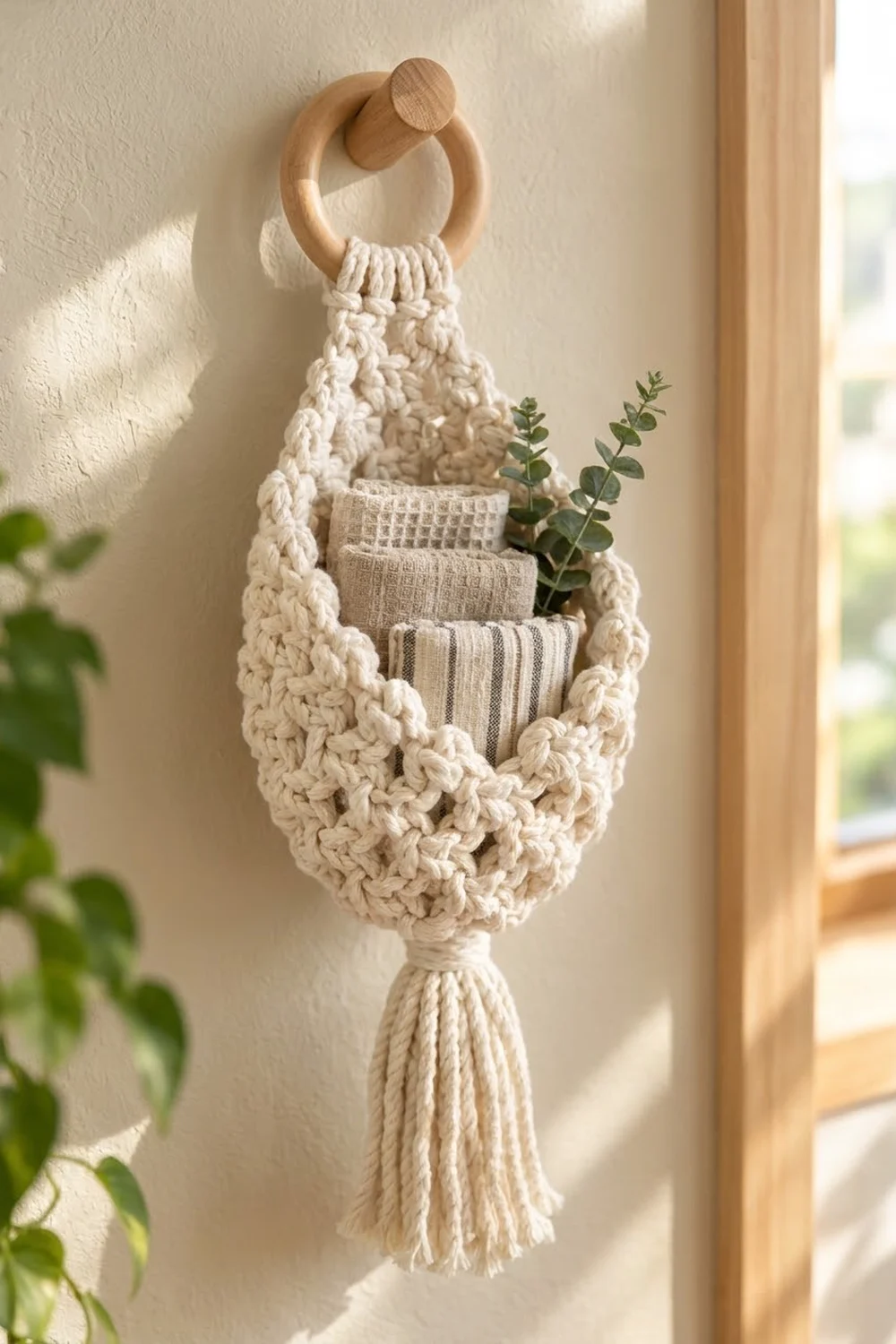 Off-white macramé storage hanging with wooden ring, holding neutral linens and fresh eucalyptus sprigs on beige wall.