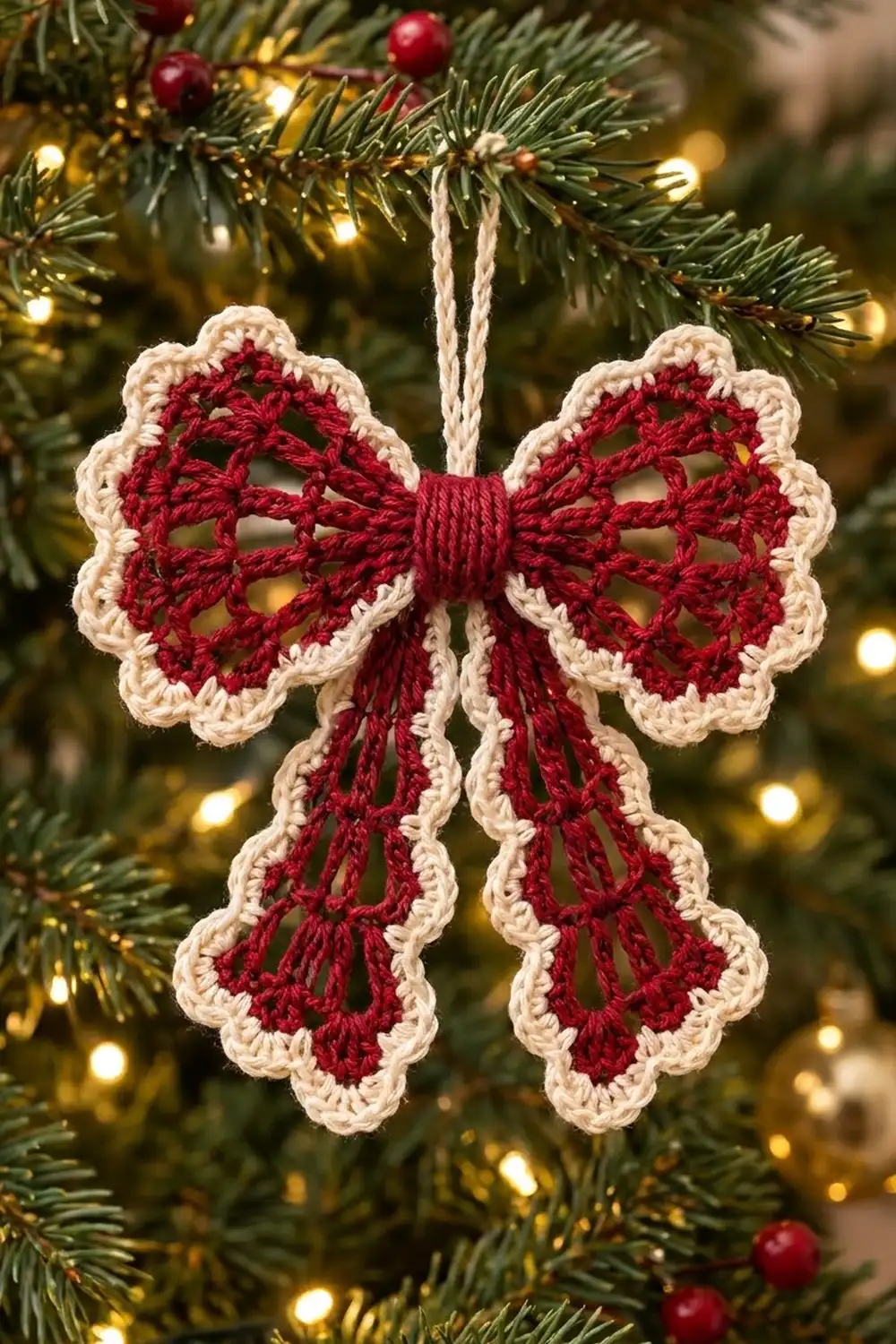 Crocheted red and cream bow ornament displaying lacy details on a holiday-decorated Christmas tree with warm lights.