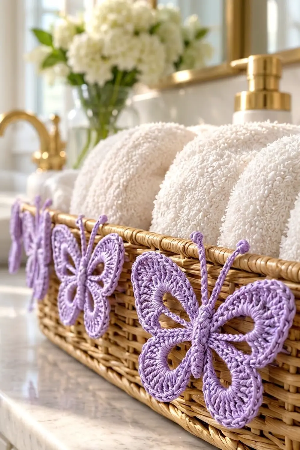 Purple crocheted butterflies trim white crochet cushions in a wicker basket with towels in a spa-style bathroom.