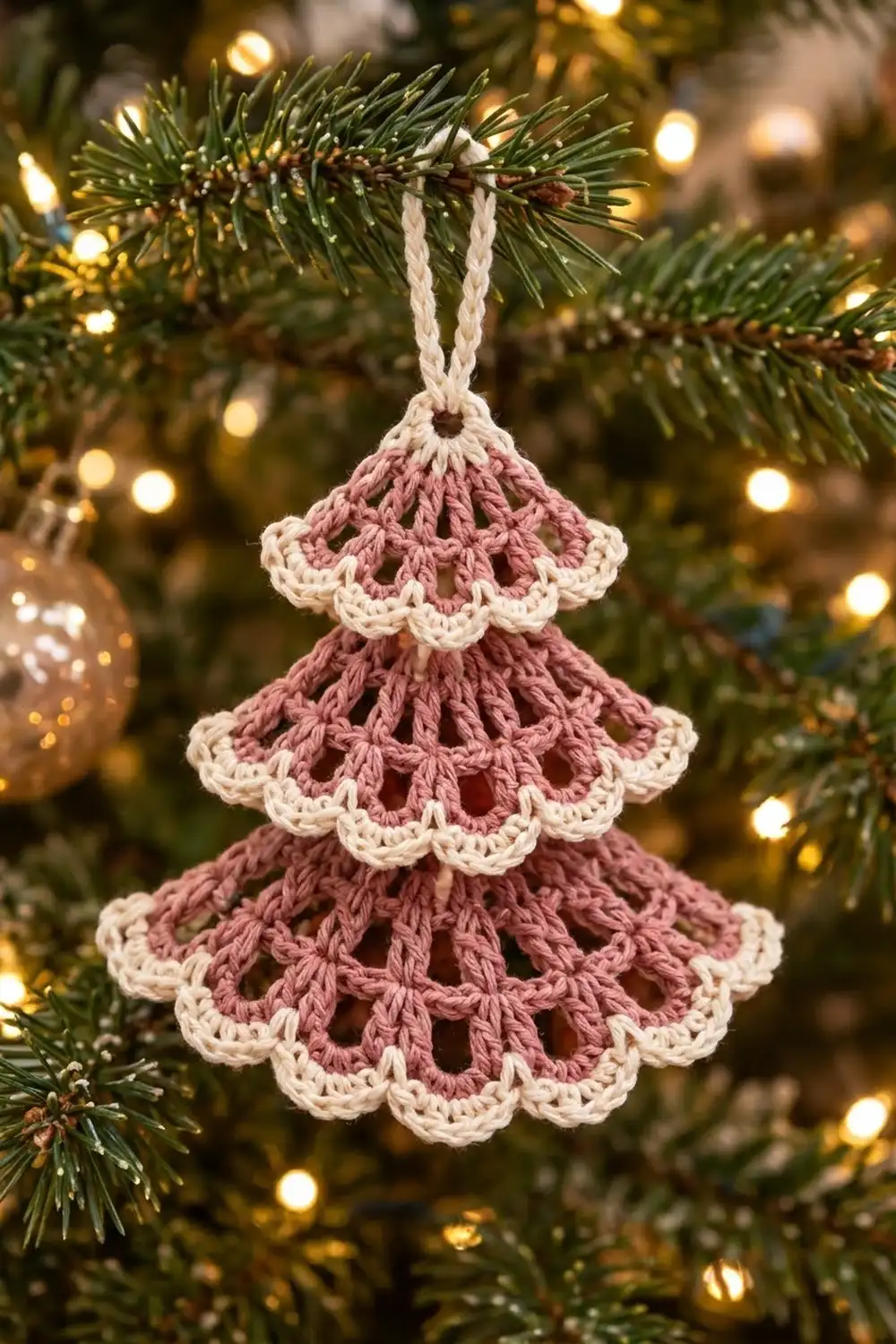 Three-tiered crocheted Christmas tree ornament in mauve and cream, hanging on an evergreen branch with warm golden lights.