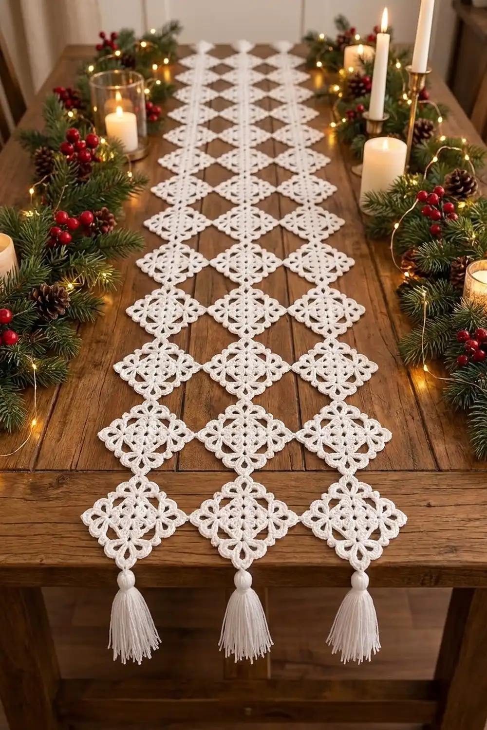 White lace table runner with tassels styled on wooden table among holiday greenery, candles, and lights.