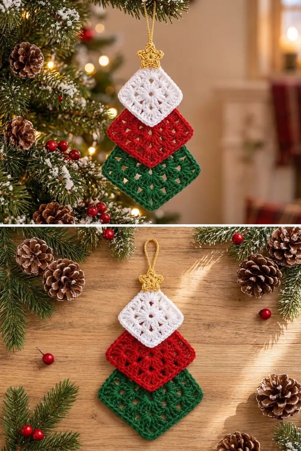 Layered crochet ornament with white, red, and green diamond shapes and gold star hanging on holiday evergreen.
