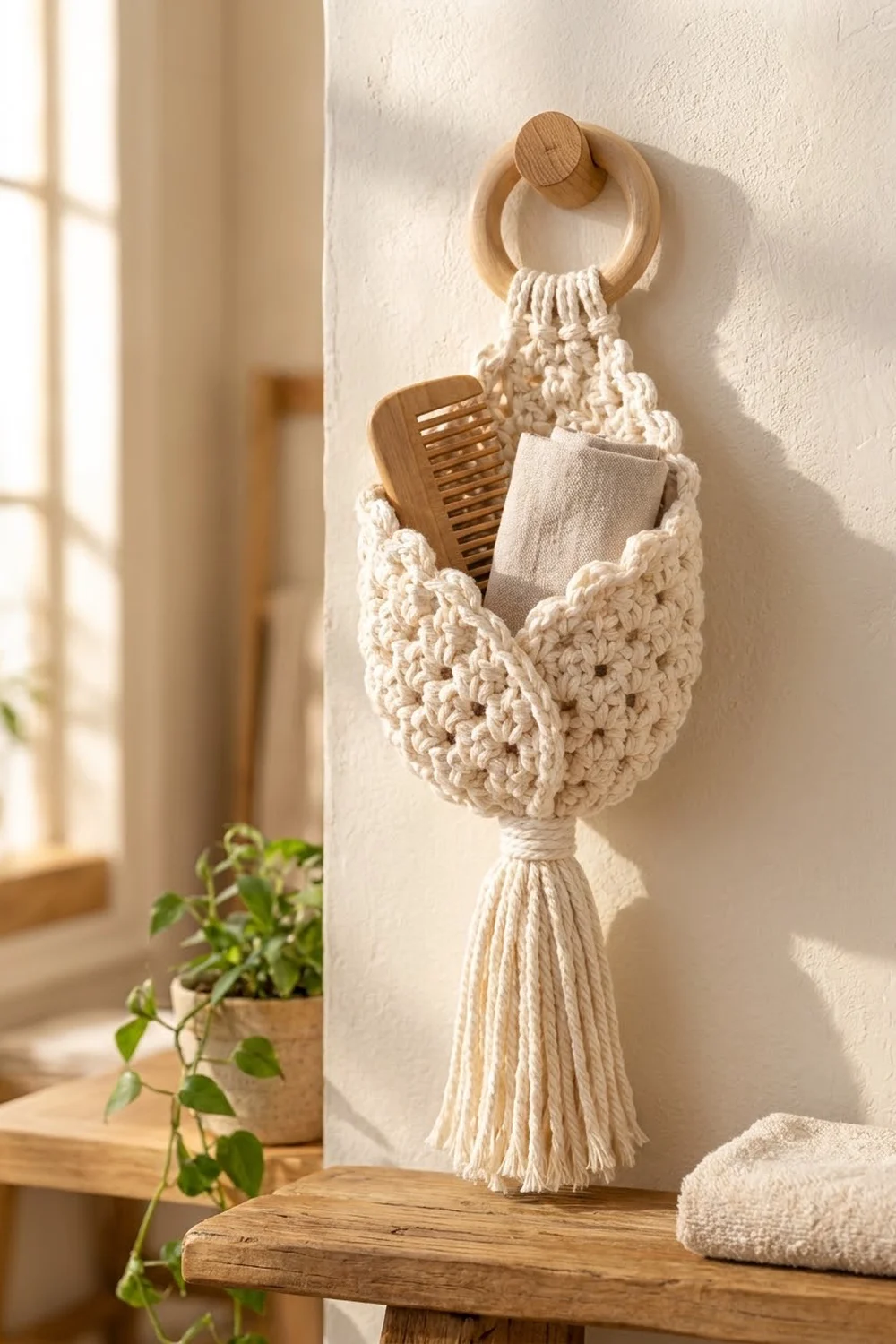Cream crocheted hanging basket with wooden top ring displays a comb and cloth in bright sunlit bathroom setting.
