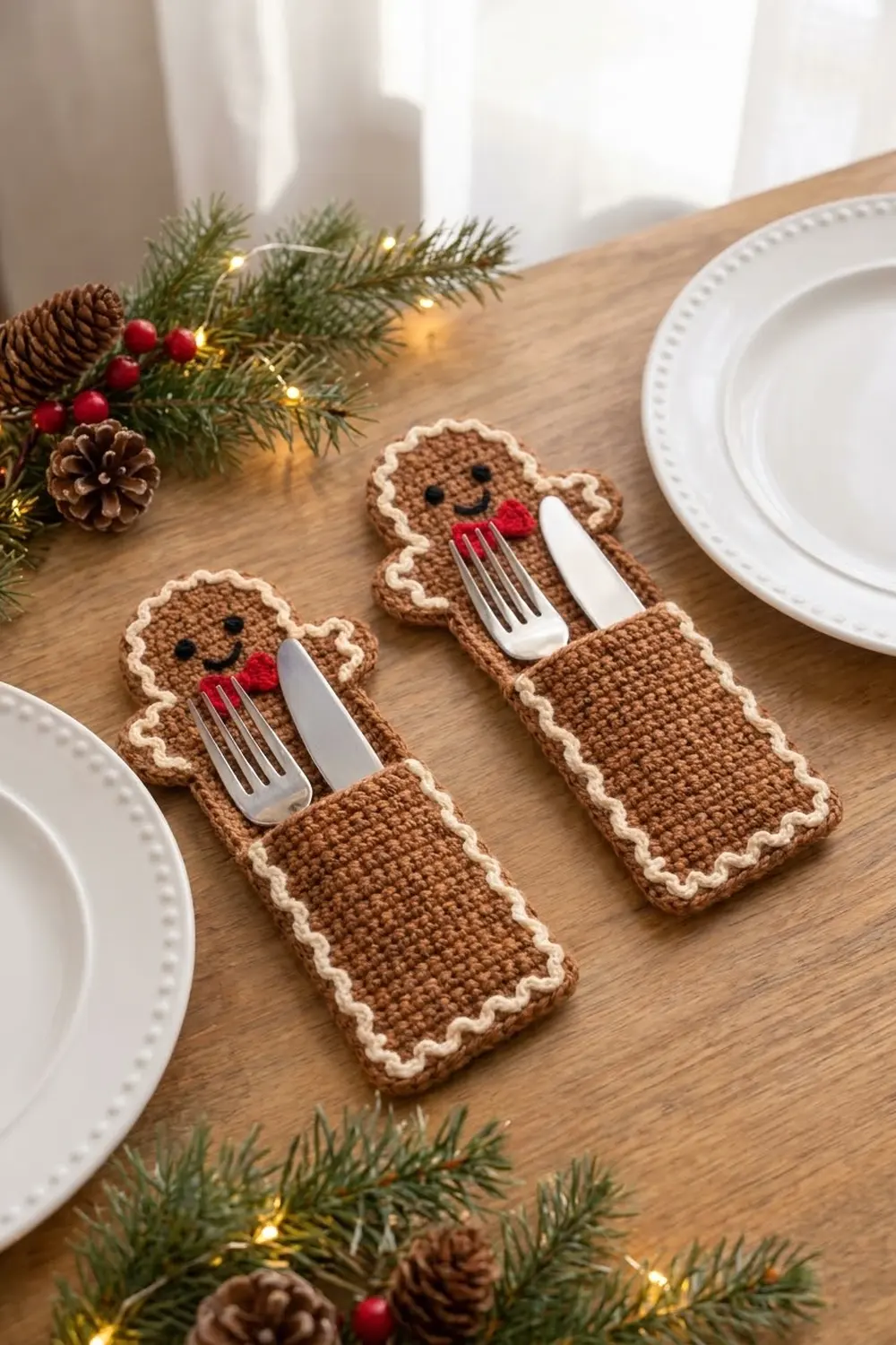 Crocheted tan gingerbread placemats with cream trim hold utensils on a wood table amid holiday greenery and white ceramic plates.