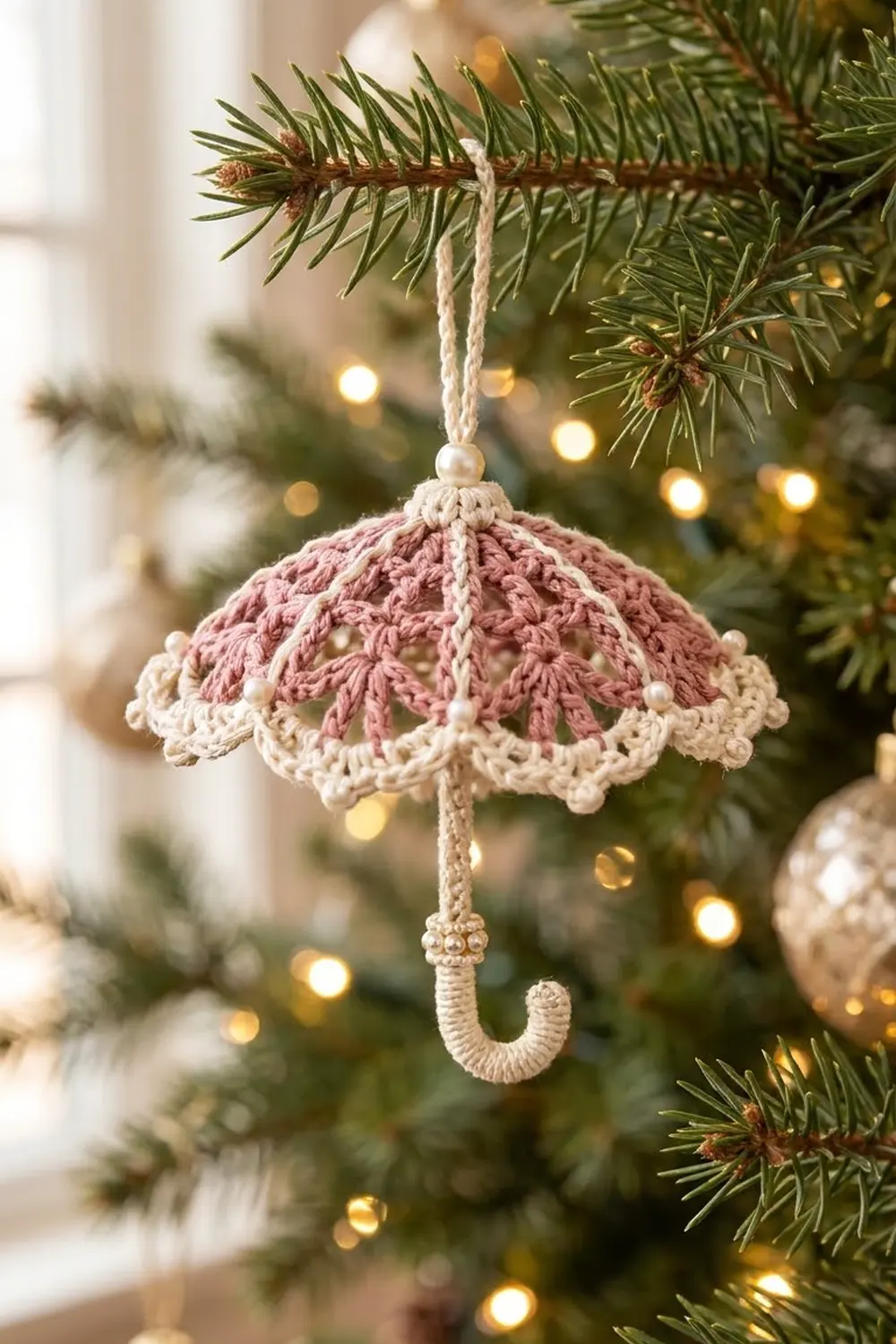 Crocheted pink umbrella ornament with cream scalloped trim hanging from an evergreen branch with warm lights.