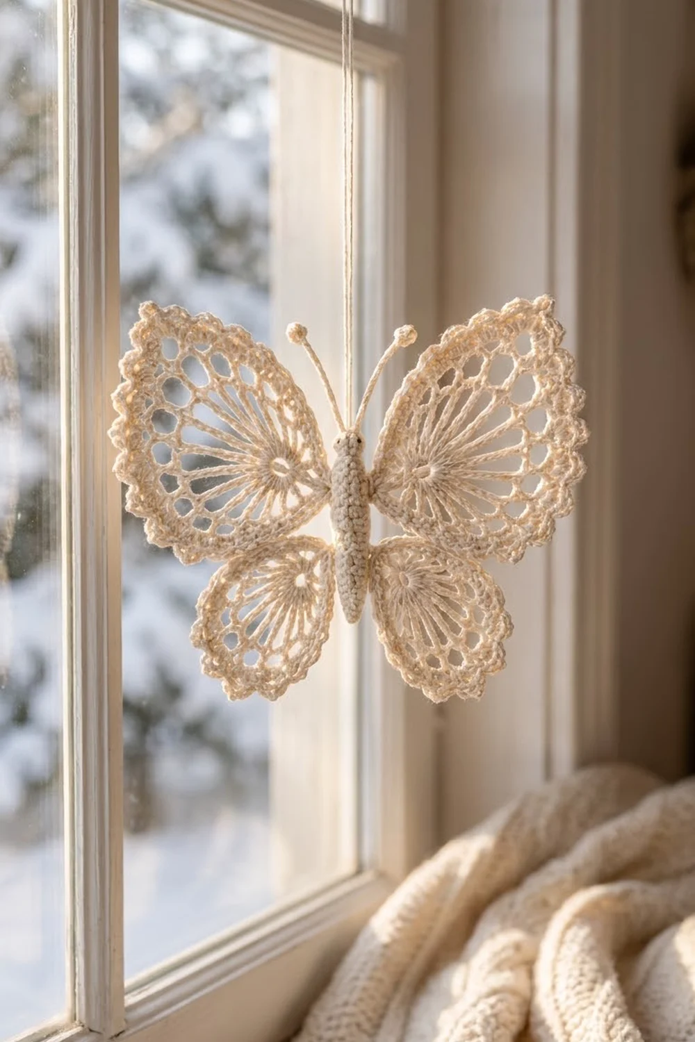 Cream-colored crocheted butterfly ornament hanging on a window with snowy winter view visible behind.
