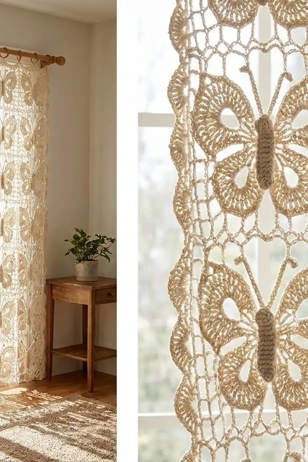 A tan crocheted curtain with butterfly motifs filters light at a window beside a wooden table with a potted plant.