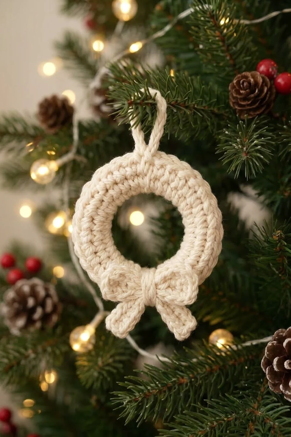 A cream-colored crocheted wreath ornament with bow hangs on an evergreen garland decorated with pinecones and lights.