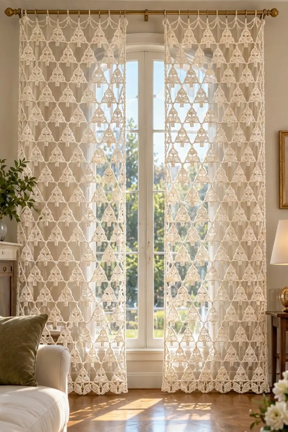 Ivory crochet curtains with delicate bell-shaped ornaments hang from a brass rod, filtering sunlight through tall bedroom windows.