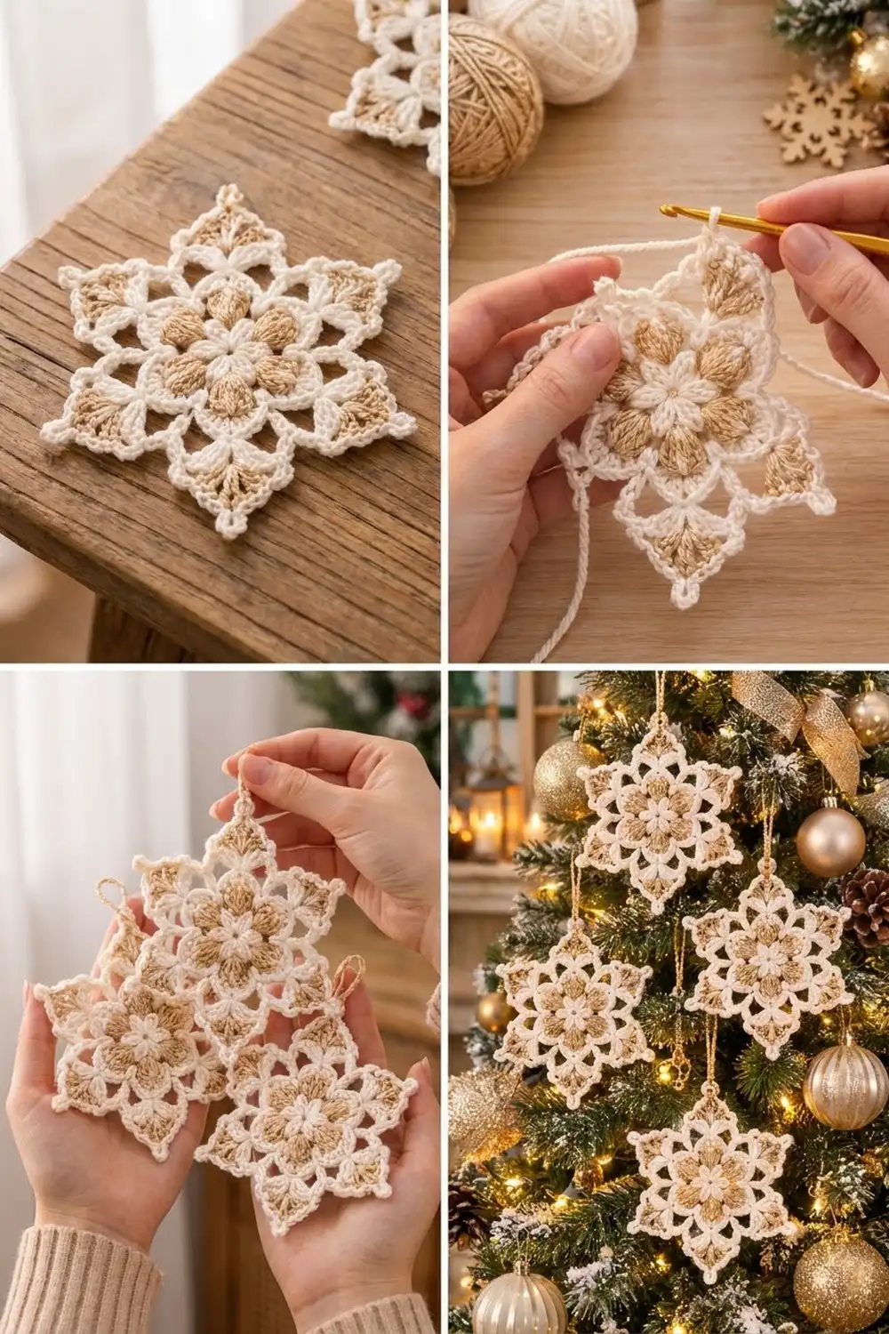 Crocheted cream and tan snowflake ornaments hanging on a Christmas tree with gold baubles and lights.