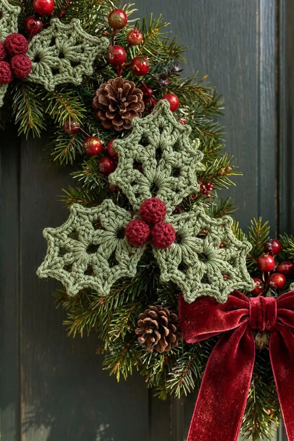 Crocheted green snowflake ornaments displayed with evergreen branches, red berries, pinecones, and a red velvet bow.