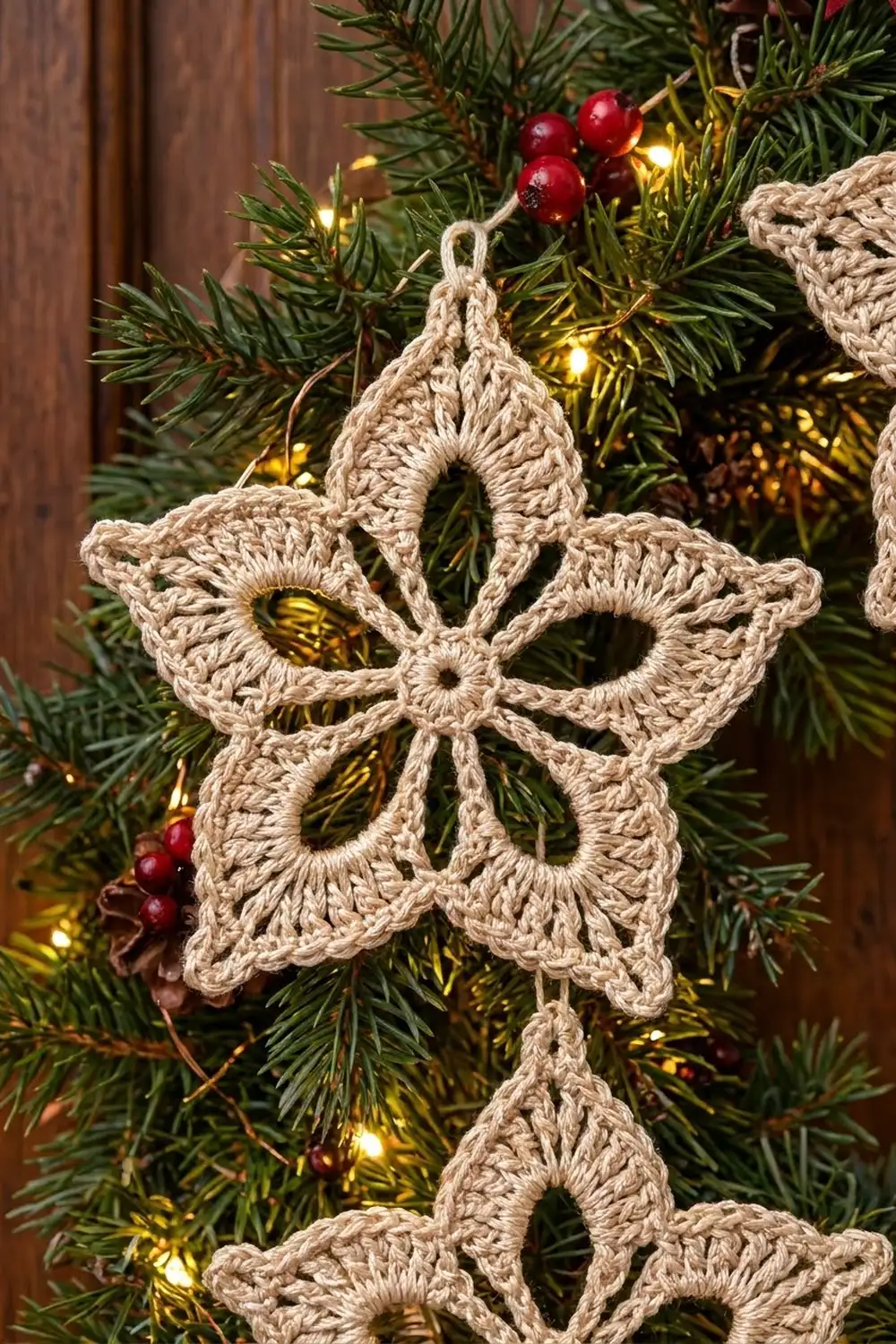 Beige crocheted star ornament hanging on a Christmas tree with warm lights and red berries.