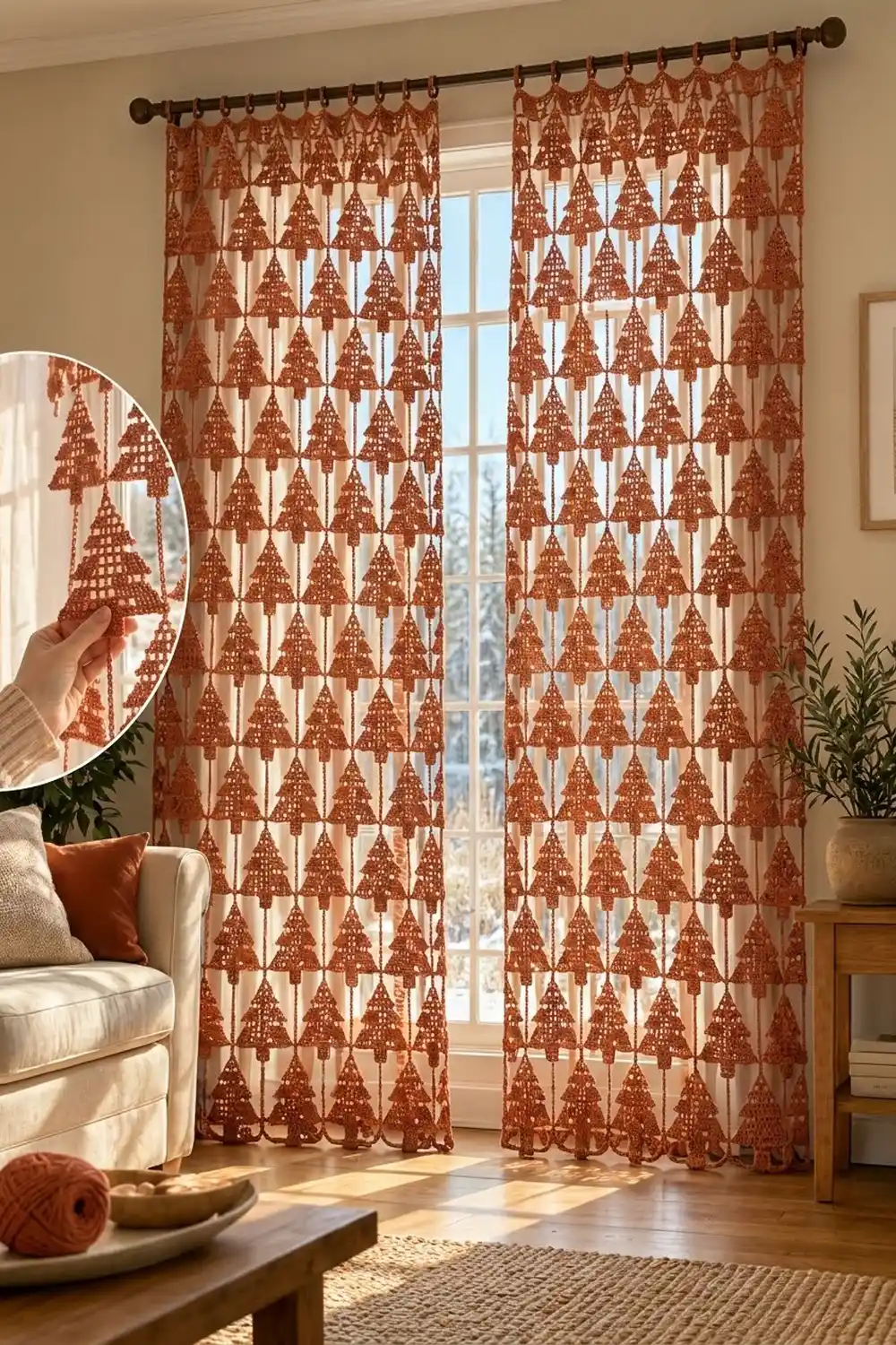 Rust-colored linen curtains with repeating Christmas tree print hanging in a warm, neutral living room.