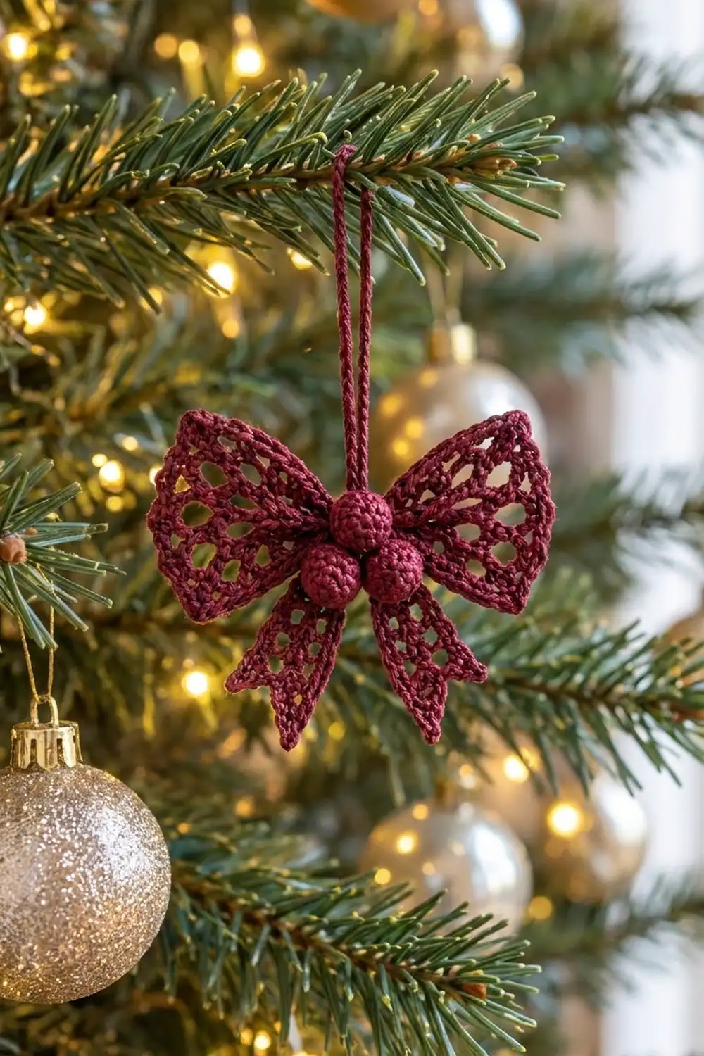 Burgundy crocheted bow ornament hanging on a Christmas tree with golden lights and metallic ball ornaments.