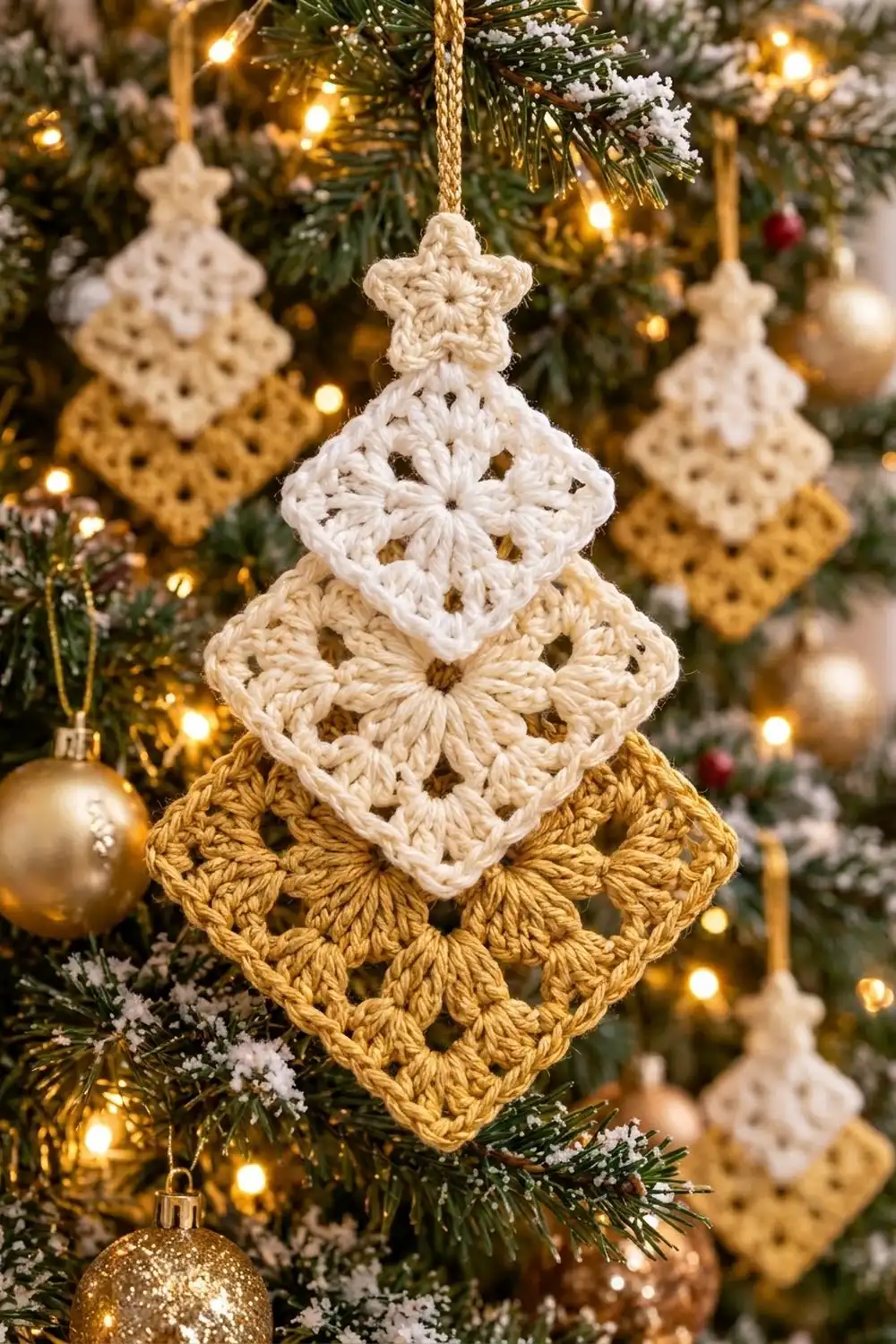 Crocheted tree ornament with white, cream, and golden layers hanging on a snow-dusted Christmas tree with lights.