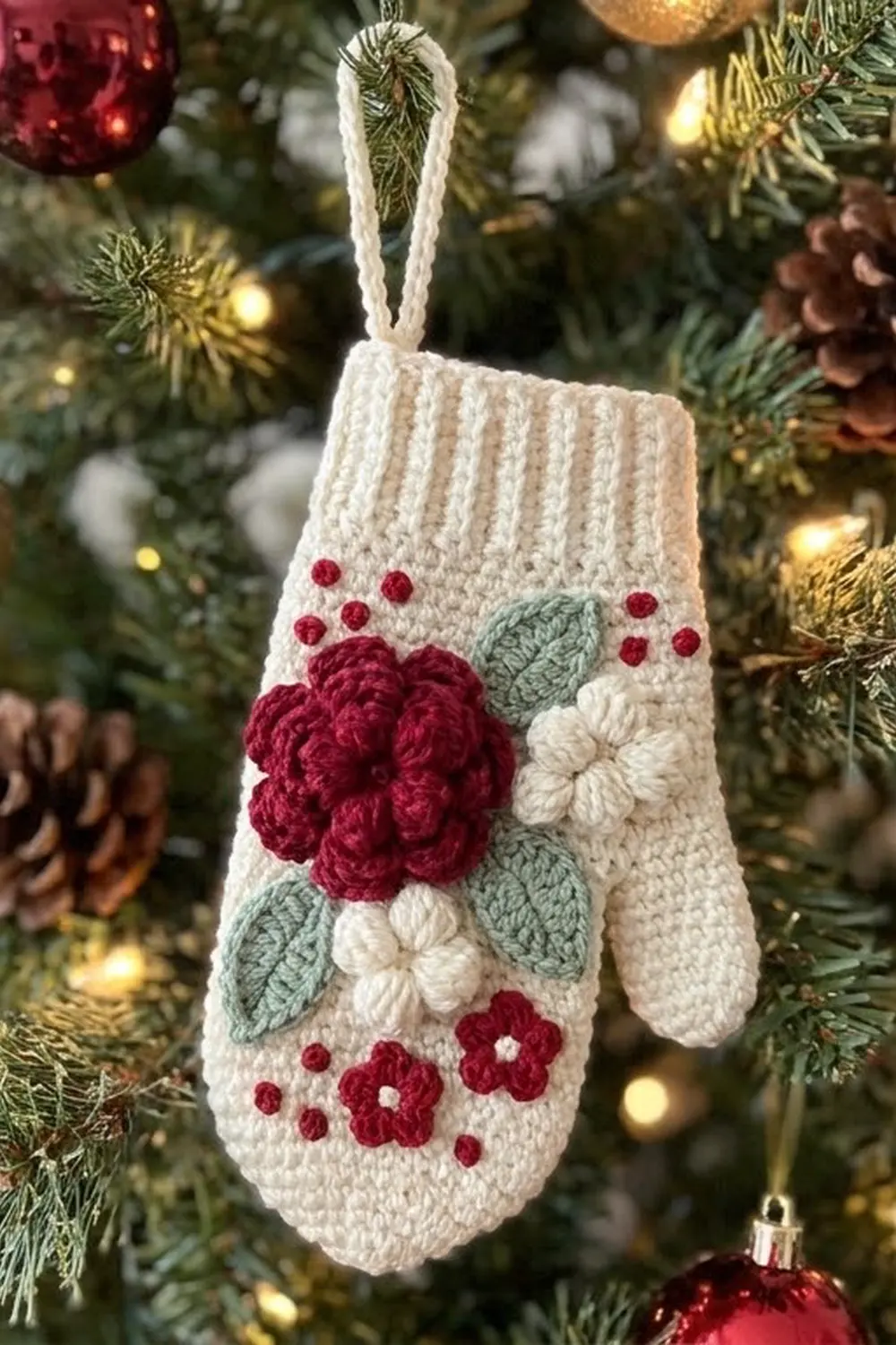 A crocheted cream mitten ornament with red flowers and green leaves hangs on a decorated Christmas tree.