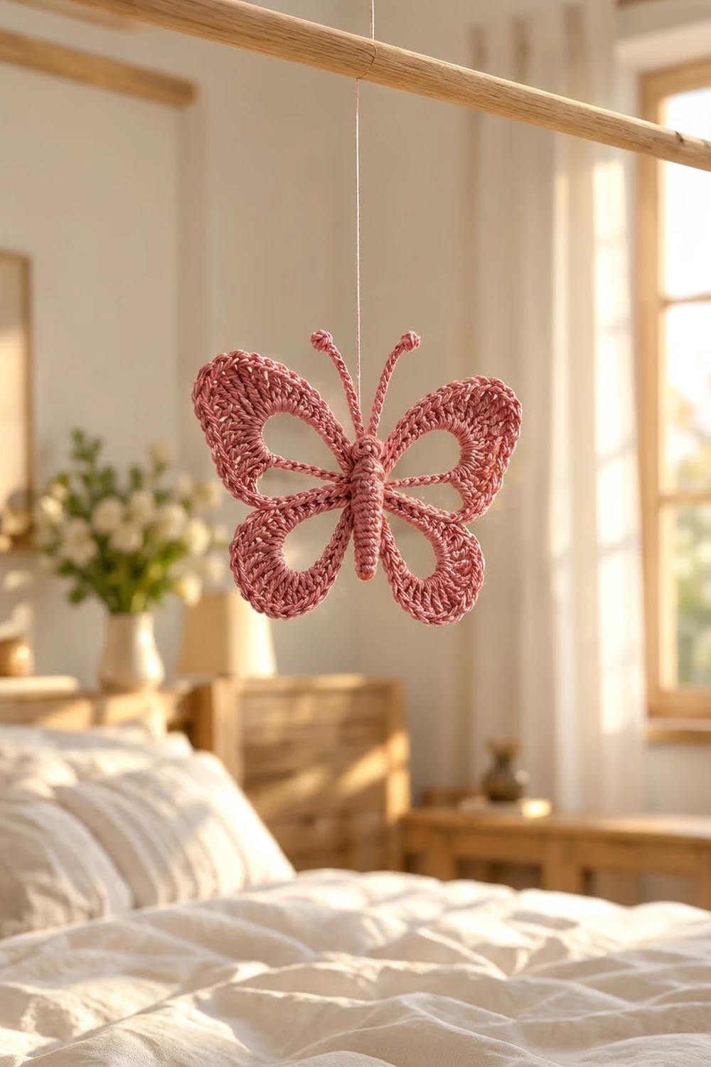 Soft pink crocheted butterfly ornament suspended in a sunlit bedroom with white bedding and warm natural light.