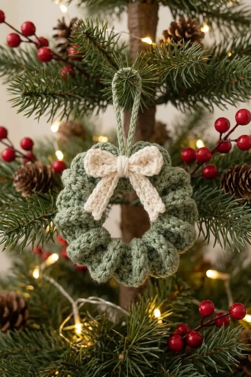 A crocheted sage green wreath ornament with cream bow hanging on an evergreen branch among red berries and lights.