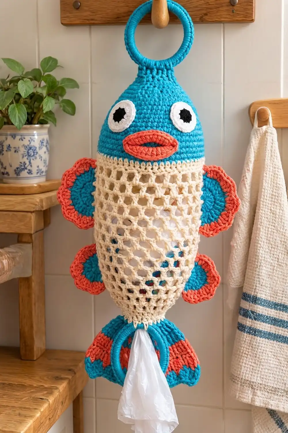 Colorful crocheted fish-shaped tissue dispenser with turquoise head, cream netted body, and coral fins in a cozy home.