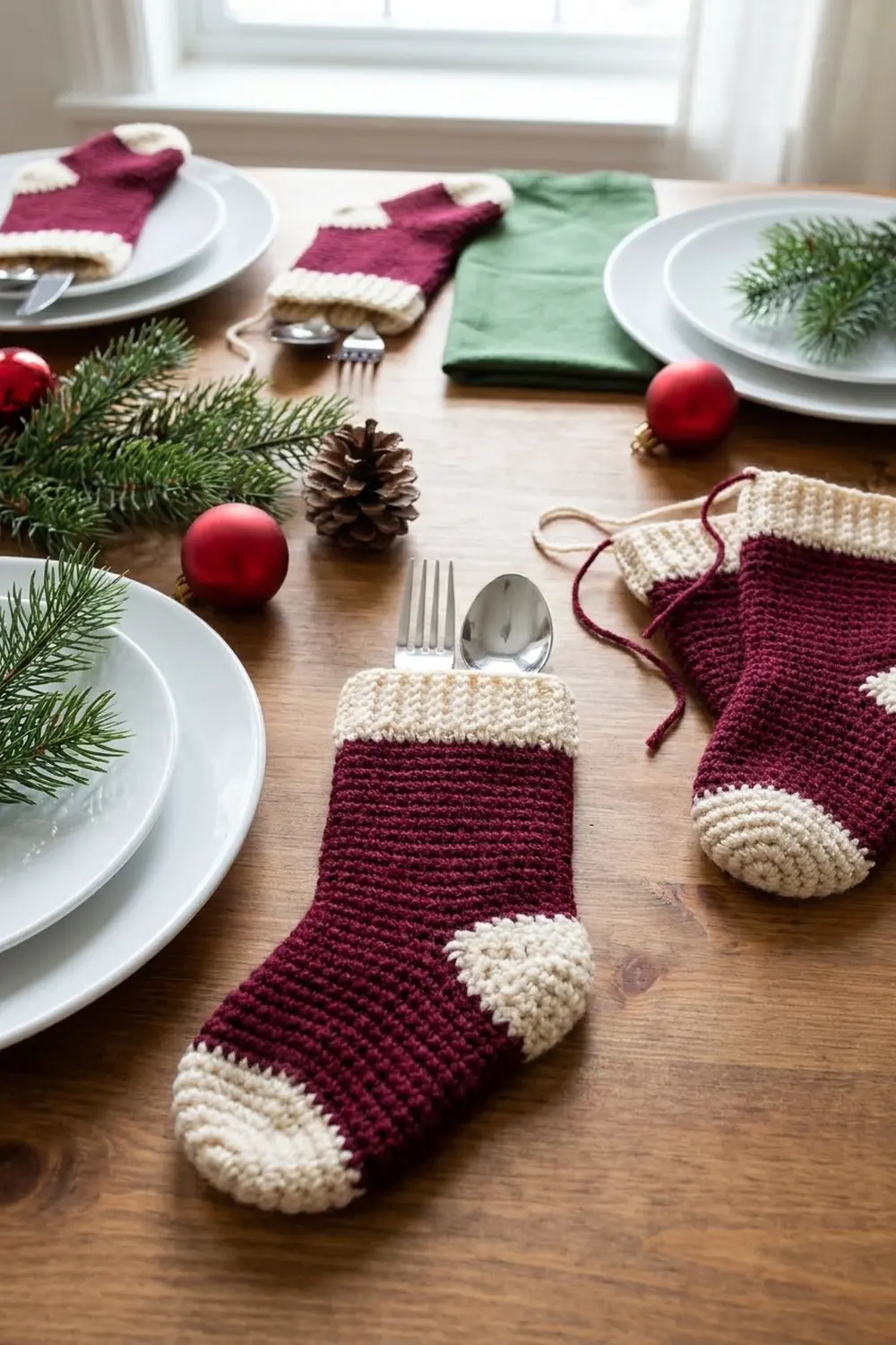 Burgundy and cream crocheted stockings styled on a holiday table with white plates, evergreens, and red ornaments by a window.