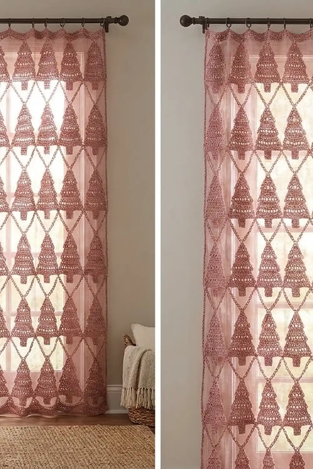 Dusty rose crochet panels with Christmas tree motifs and cream openwork details frame a light-filled room.
