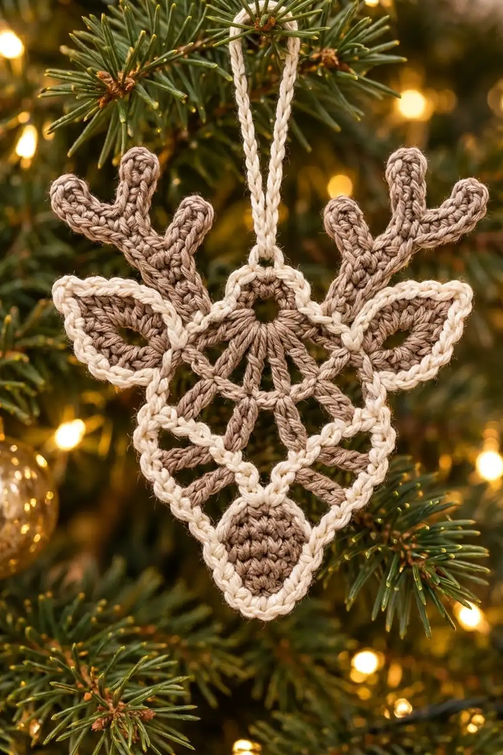Crocheted snowflake ornament in tan and brown yarn hanging on evergreen branch with warm golden lights softly glowing in background.