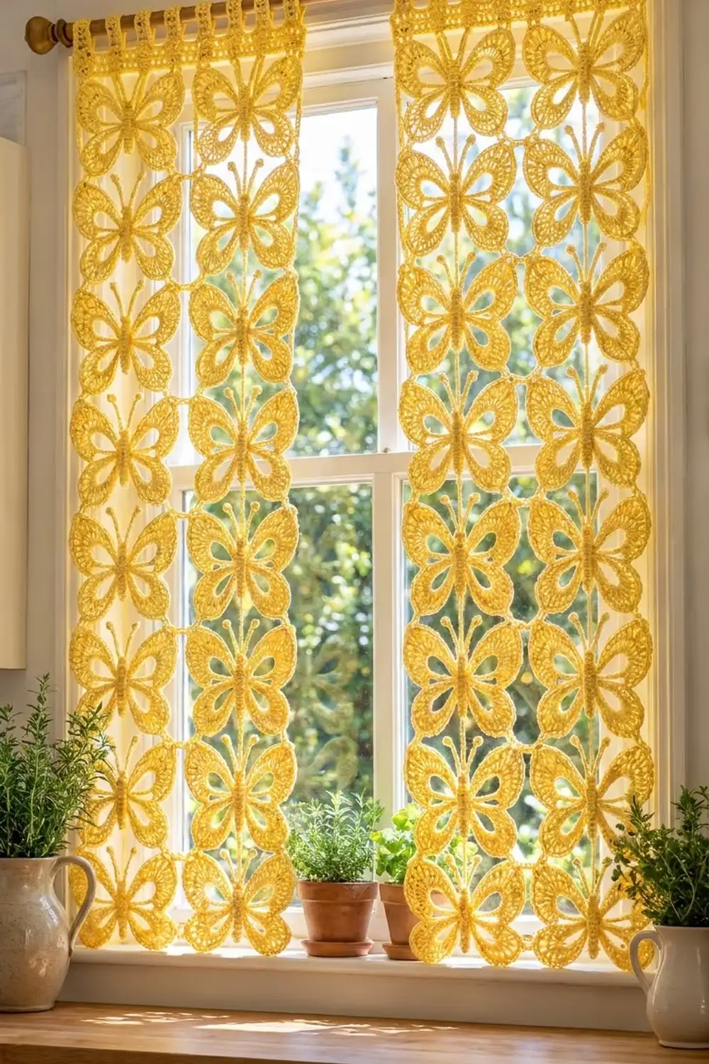 Golden-yellow crocheted lace curtains with intricate floral patterns frame a bright window, styled with potted plants on the sill.