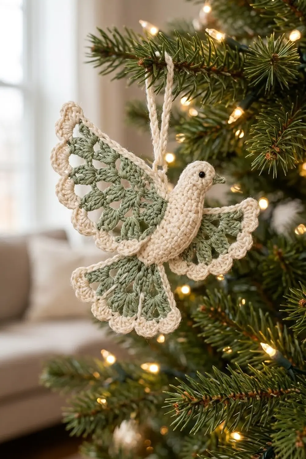 Crocheted cream dove with sage-green wings hanging from Christmas tree branches with warm lights.