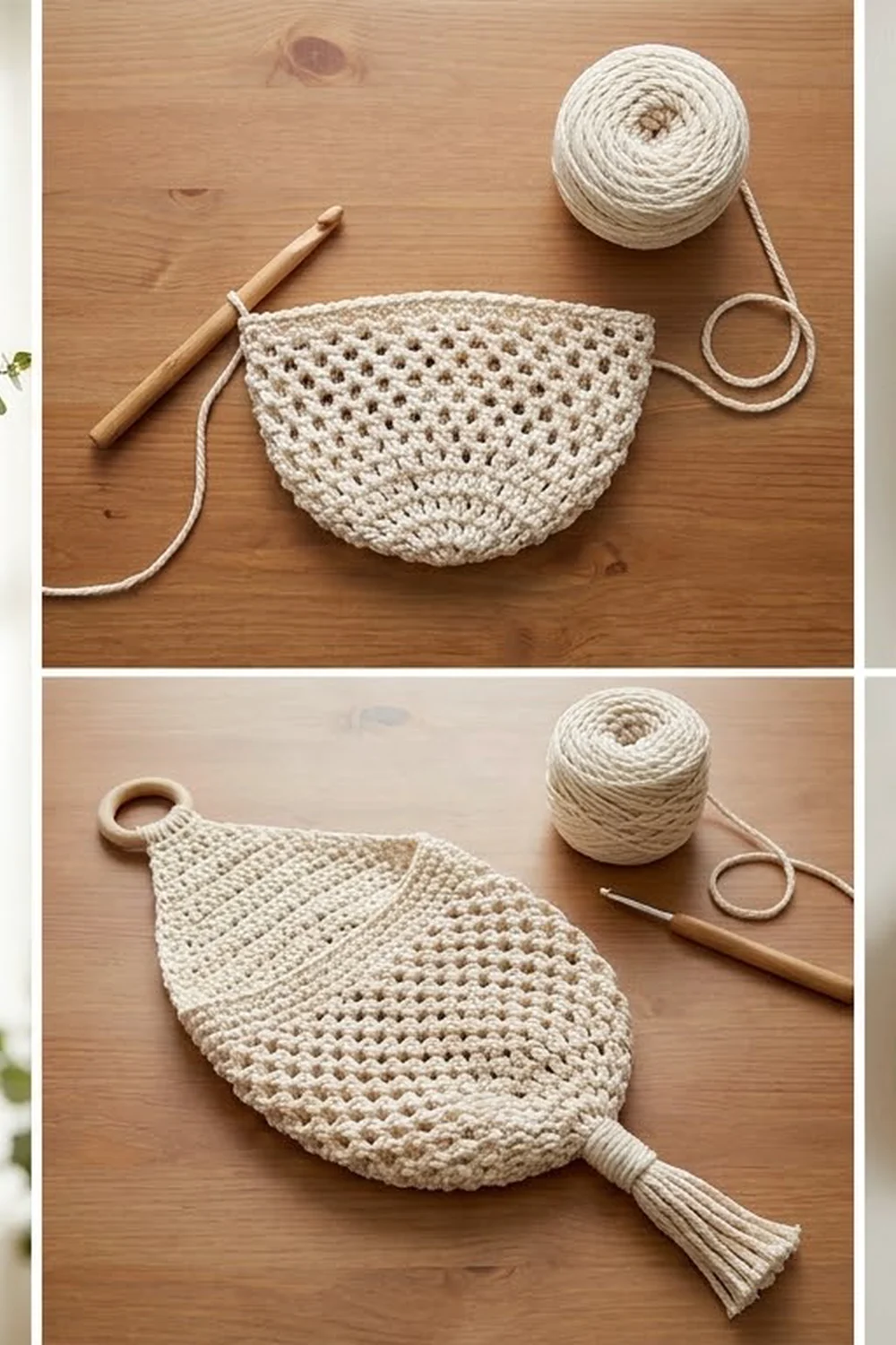 Cream crochet drawstring pouch with tassel and ring handle styled on wood with yarn and wooden crochet hook.