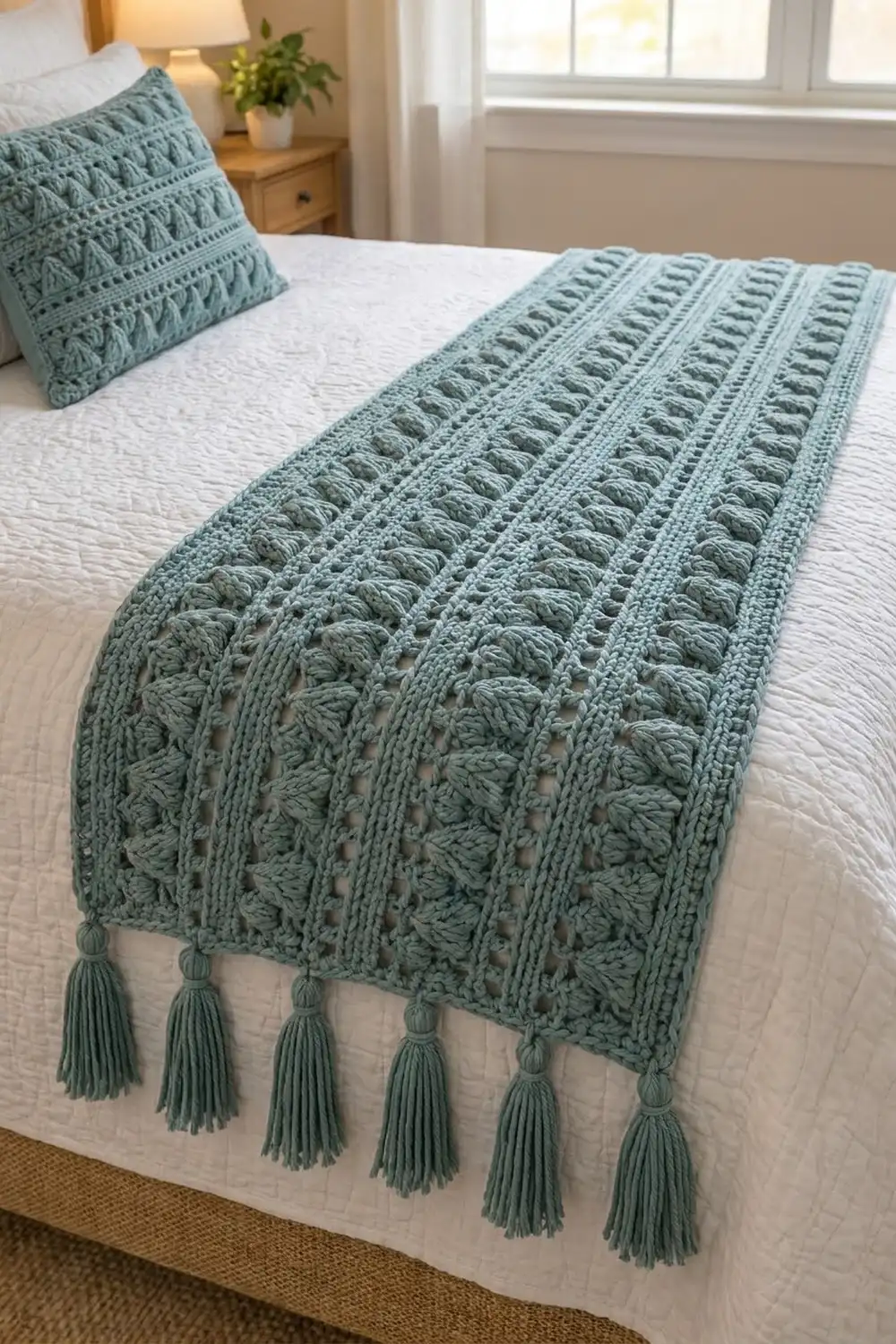 Sage green crocheted blanket with tassel trim on a white bed in a sunlit bedroom with wooden furniture.