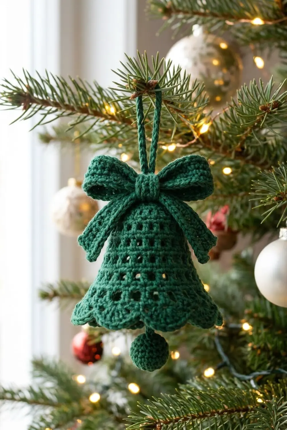 A crocheted green bell ornament with a bow hangs from evergreen branches adorned with warm white lights.