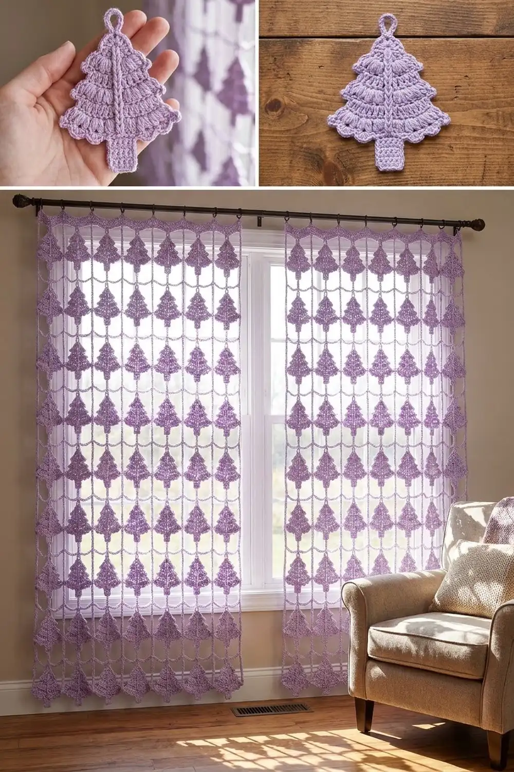 Lavender crochet Christmas tree ornaments displayed individually and as a sheer window curtain installation in a bright living room.